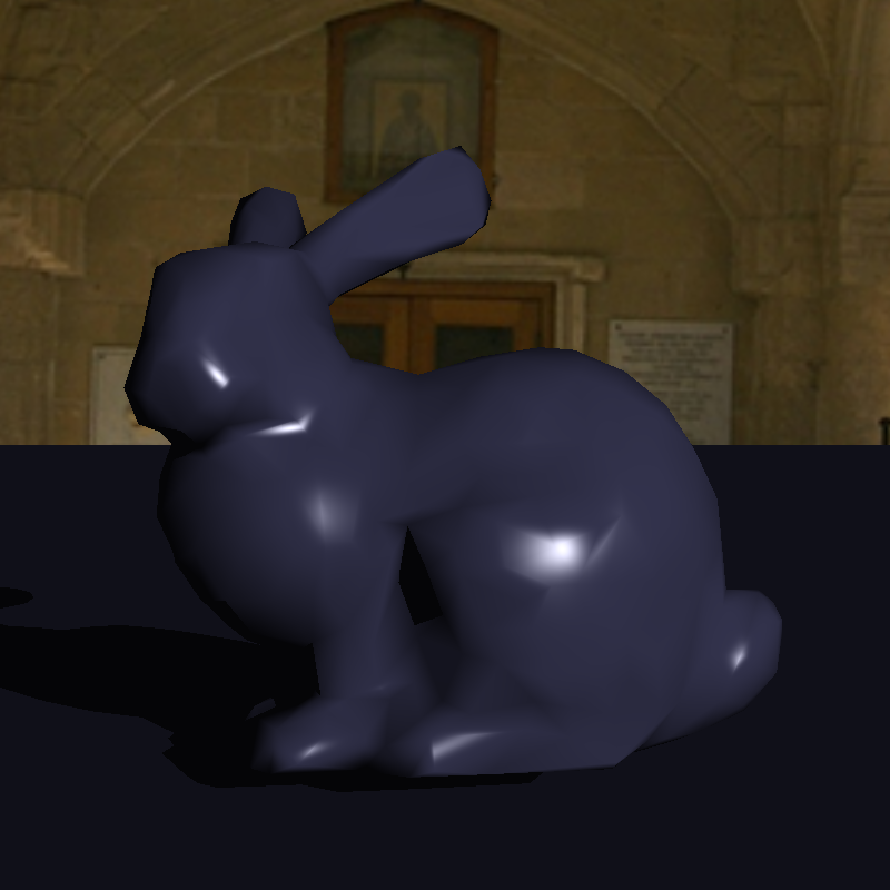 Ray-traced Stanford bunny with specular highlights and a cast shadow